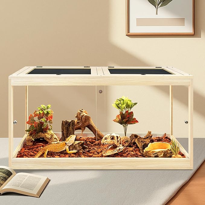 Prolee Tempered Glass Bearded Dragon Tank 63 Gallon, Lizard Tank, Reptile Tank with Metal Mesh Roof Door, Snake Tank with Lock Design, 40" Long, Oak