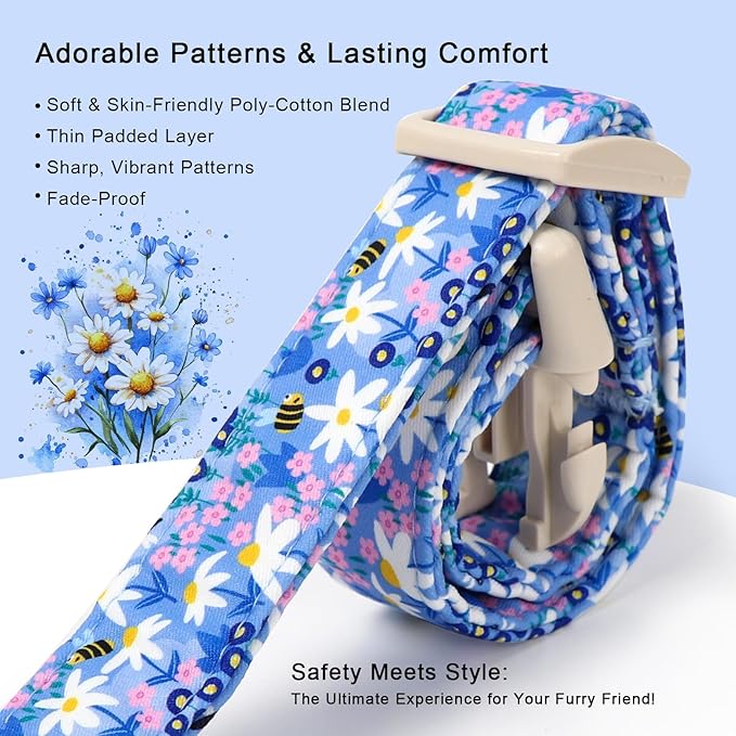 Floral Dog Collar for Small Dogs - Cute Spring Dog Collars, Soft Lightweight Bee & Daisy Puppy Collar, Breathable Adjustable Male Female Blue Wildflowers Dogs Collars S