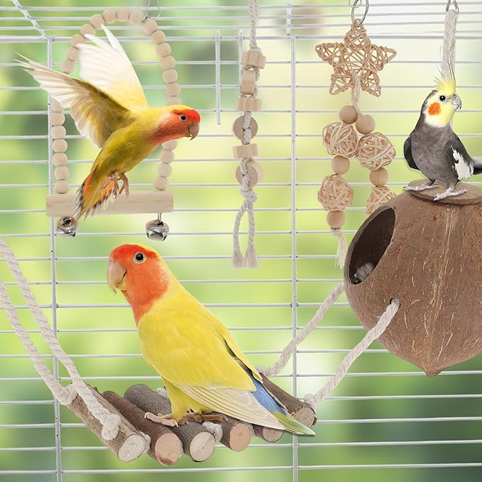 9pcs Cockatiel Toys, Interactive Bird Toy, Parrot Toys, Parrots Chewing Wood and Rope Bird Cage Accessories for Parakeets Cockatiel Wood Color