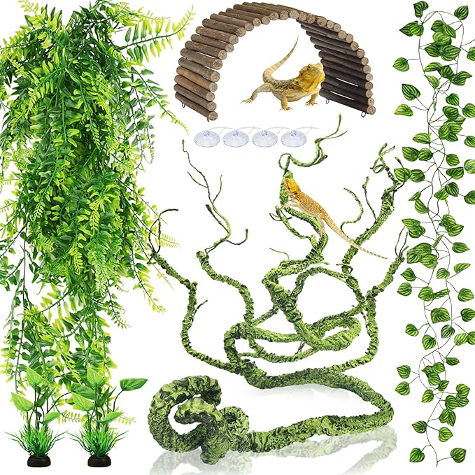 Bearded Dragon Tank Accessories, Terrarium Hanging Plant Vines Artificial Leaves Reptile Hide, Bridge Jungle Climber Reptile Vines for Snakes Bearded Dragon Chameleon Gecko Lizard