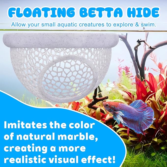 Floating Betta Hide & Shrimp Cave – 3D Printed Aquarium Hammock with Marble Texture, Feeder Ring & Rest Spot for Betta Fish, Nano Tanks, Corydoras, Shrimp – Safe PLA
