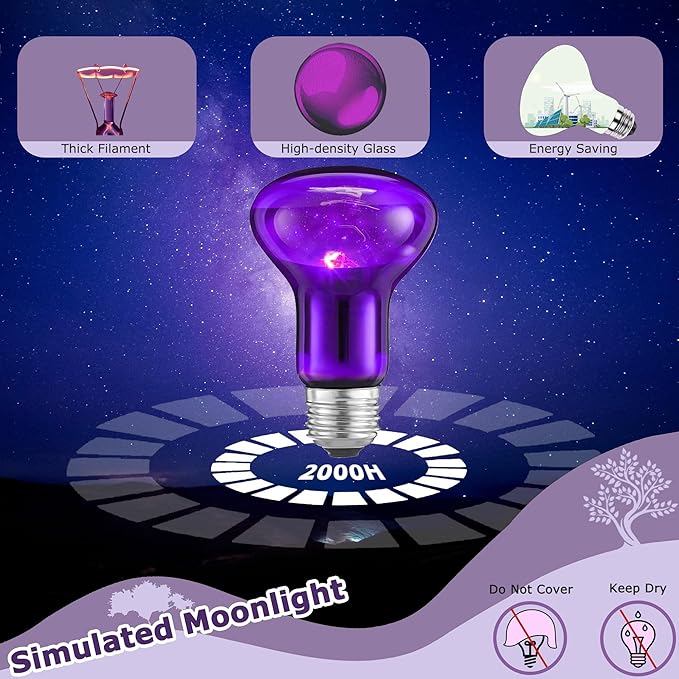 60W Reptile Night Light Bulb – Simulated Moonlight UVA Heat Lamp, Purple Basking Light for Bearded Dragons, Lizards, Snakes, Chameleons, Amphibians - 2-Pack (3.2" Diameter)