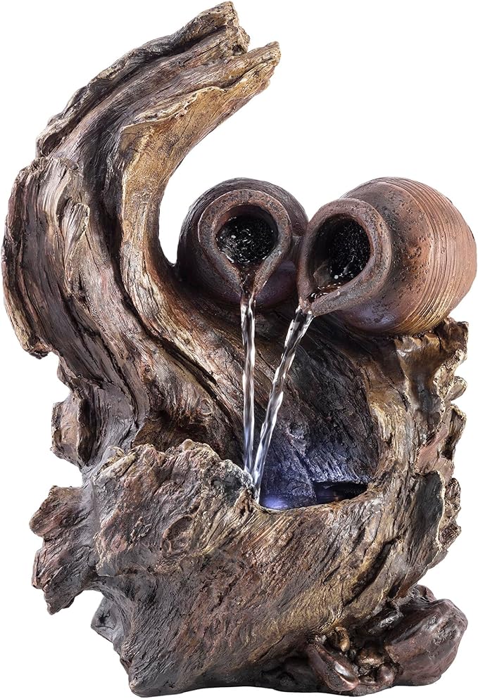 Alpine Corporation 14" Tall Indoor Tabletop Two Jars on a Tree Branch Fountain with LED Lights