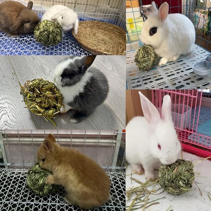 Hamiledyi Bunny Grass Toy 4 Pcs Natural Timothy Grass Small Animal Activity Play Chew Ball for Rabbits Hamster Guinea Pigs Gerbils
