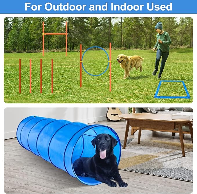 XiaZ Dog Agility Course Backyard Set, Dog Obstacle Course Training Starter Kit Pet Outdoor Game with Tunnel, Agility Hurdle, Weave Poles, Jump Ring, Pause Box, Collapsible Dog Bowls and Storage Bag