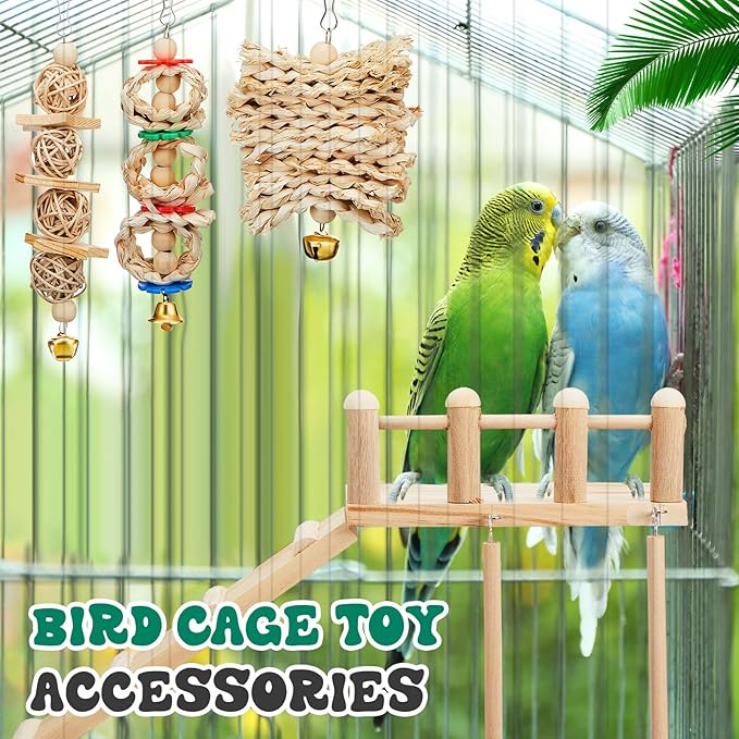 10 Pcs Parrot Swing Toys and Bird Perches Platform with Climbing Ladder Chewing Standing Hanging Parakeet Toys Bird Cage Accessories for Budgerigar Conure Cockatiel Finches Lovebirds