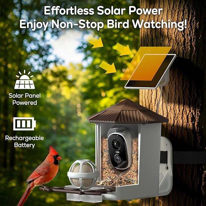 wansview Bird Feeder with Camera-Smart Bird Feeders for Outdoors Solar Powered, Birdhouse with Cam & Instant Alert, 2K Live Video, AI Identify Species, Ideal Gift for Tech Lovers, F1, Brown, 2.4G WiFi