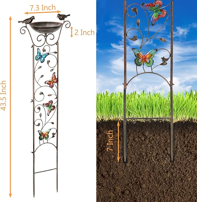 LEWIS&WAYNE Garden Trellis Bird Bath Outdoor, 40 Inch Antique Iron Garden Plant Trellis Decorative with Butterflies and Detachable Drinking Basin Bowl, Free Standing BirdBath Birdfeeder Station