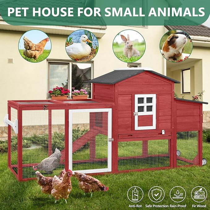 79" L Chicken Coop with Run, Mobile Chicken Hen House with Nesting Boxes, Wheels, Outdoor Indoor Rabbit Hutch, Poultry Cage for Chickens Ducks Bunny with Removable Tray, Ramp (Red)