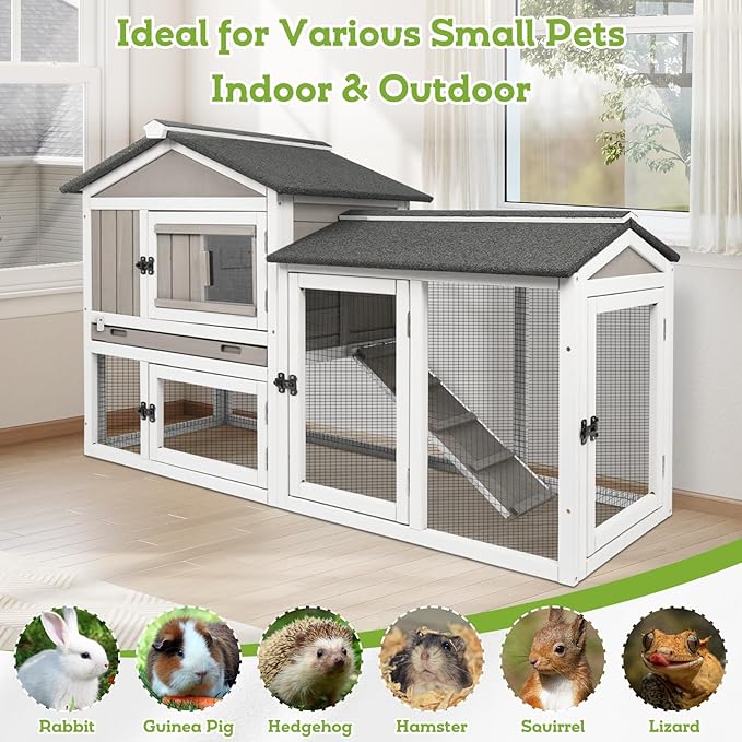 57" L Wooden Rabbit Hutch Outdoor Indoor with Waterproof Roof, 2-Story Bunny Hutch with Pull Out Tray, Chew-Resistant Ramp, Ideal for Rabbit, Guinea Pig, Hamster (57" L X 21" W X 33.5" H)