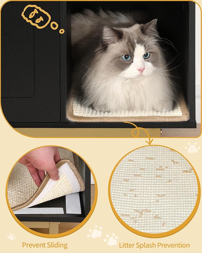 Cat Litter Box Enclosure Enclosed, Hidden Litter Box Cabinet Furniture with Storage, Wooden Indoor Cat House Large, Modern End Table for Living Room Entryway, Black and Gold CB01504G