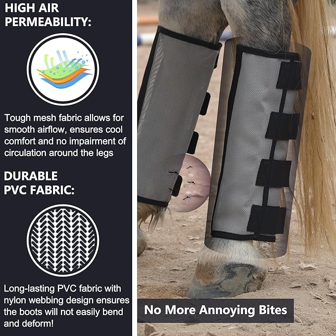 Horse Fly Boots Set of 4 - Non-Slip Leg Guards Extra Tough Mesh Ventilated, Adjustable Horse Fly Leggings Reduce Stomping & Hoof Stress & Leg Fatigue Grey Large