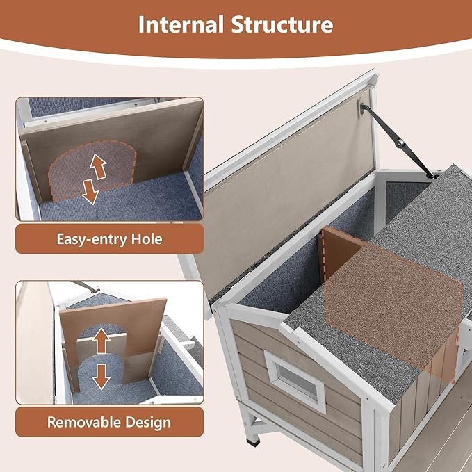 Small Insulated Cat House Weatherproof, Wooden Feral Cat House Outdoor with Cat Scratching Cloth, Balcony, Internal Dividers, Outside Indoor Cats Shelter with PVC Curtain Door, Openable Roof, Grey