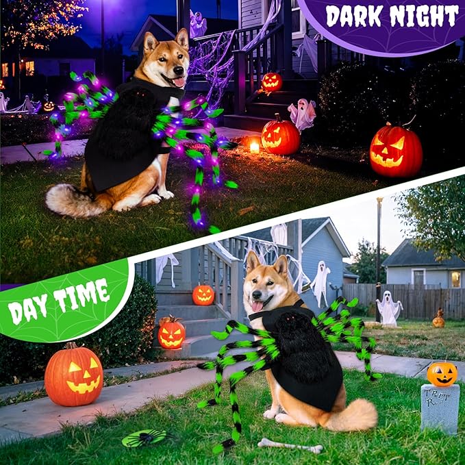 OurWarm Large Dog Halloween Costumes, Furry Funny Dog Spider Costume with 64 LED Purple Lights, Halloween Costumes for Large Dogs Pets Party Outfits Contest Clothes Cosplay Decor