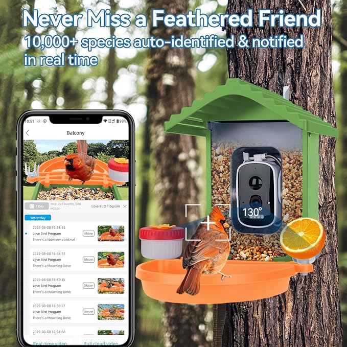 Smart AI Bird Feeder with Camera,2.5K HD Live View,Solar Powered,Instant Birds Species Recognition,Real Time Alerts,Wireless Birdhouse with Night Vision,Green
