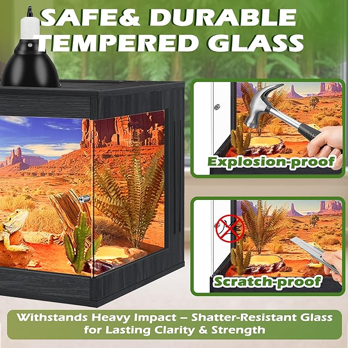 Royxen Bearded Dragon Tank, Tempered Glass Reptile Terrarium with Metal Mesh Top, 3-Side Clear Anti-Scratch Glass Lizard Tank for Reptile Habitat (Black, 24 Gallons,24" Length)