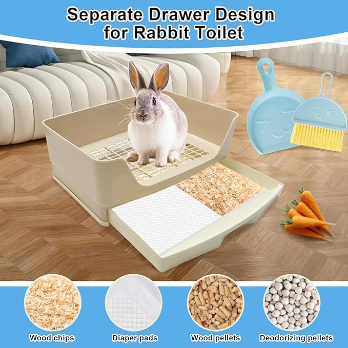 Large Rabbit Litter Box with Drawer Bunny Training Corner Litter Pan Ferret Bigger Pet Pan Bunnies Digging Box for Adult Hamster Guinea Pig Hedgehog Galesaur and Other Animals
