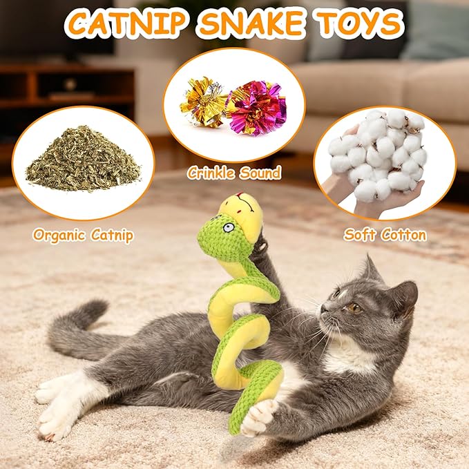 Retro Shaw Cat Toys, 11 in Realistic Catnip Snake Toy with Crinkle Sound Inside, Cat Nip Toys with SilverVine, Stuff Snake Interactive Snake Toy for Cats to Chew
