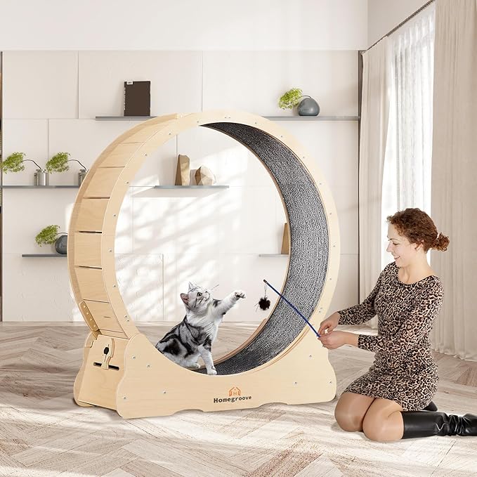 Homegroove 35.4 Inch Cat Exercise Wheels for Indoor Cats, Versatile Cat Toy Running Wheel Treadmill with Detachable Carpet for Weight Loss and Health, Natural Wood Color(M)