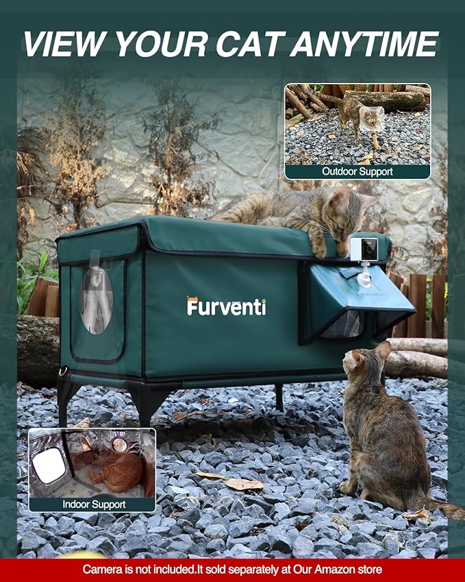 Outdoor Heated Cat House in Winter,Extremely Insulated & Weatherproof,Elevated Feral Cat Shelter with Waterproof Eaves & Escape Door for Outside Stray Barn Cat (Dark Green,M.)