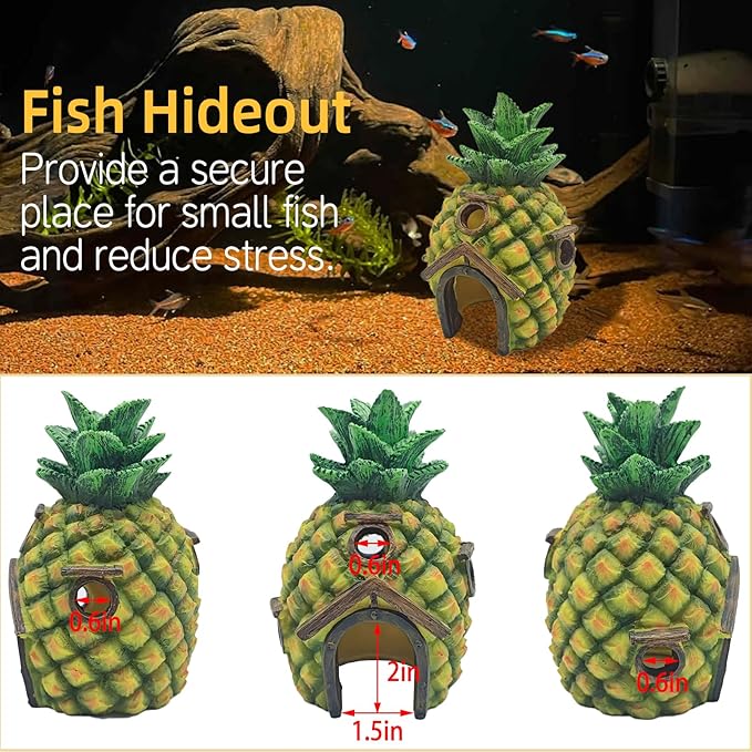 Tfwadmx Aquarium Decorations Resin Pineapple Fish Tank House Small Betta Fish Hideout Cave Shelter Decor Underwater Landscape Hut Aquarium Ornament for Shrimps Breeding Hiding(Green)