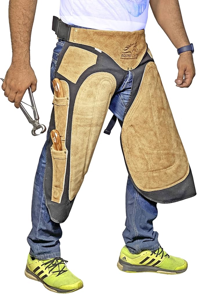 Equine Care Farrier Apron Chaps – Cowhide Suede Leather & Canvas, Adjustable Waist 28"-52" with Back Support, Tool Pockets & Nail Magnets – 23", 25", 27", 29" for Horse Shoeing (25 inches (65 cm))