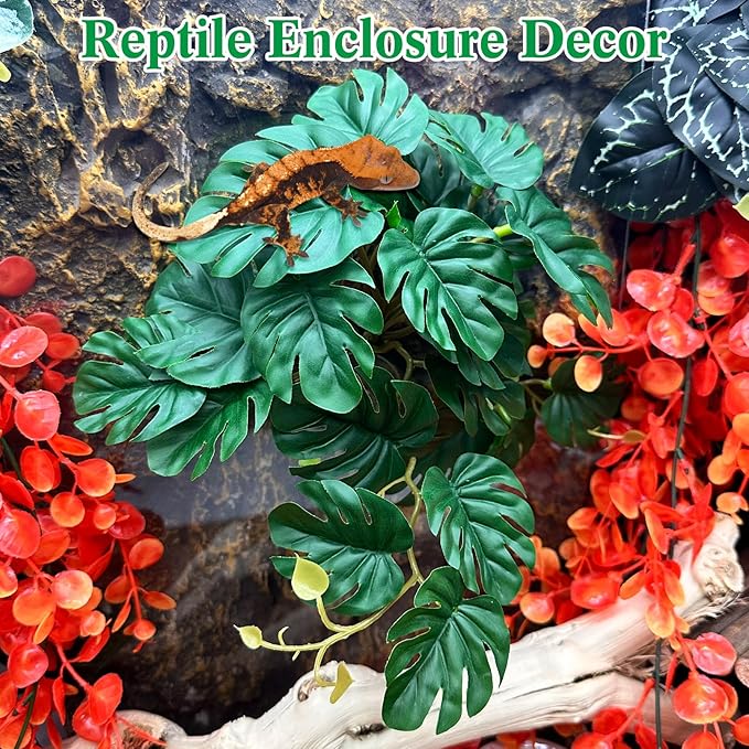 VCEPJH Reptile Plants with Suction Cup Amphibian Habitat Decor 2 Pcs Artificial Leaves for Terrarium Decor Crested Gecko Tank Accessories for Bearded Dragon, Lizard, Snake (Monstera)
