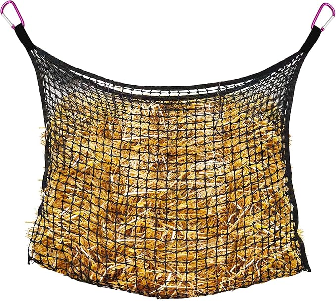 Bloomoak Knotless Slow Feed Hay Net with 4 Carabiner Clips for Horses/Open Top Hanging Hay Bag with Large Capacity for Full Day Feeding/Trailer (1.75" Hole for Slow Feed, M 35 * 31")…