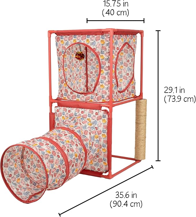 Kitty City Cozy Cube Retreat Cat Tower with Tunnel, Scratching Post & Hanging Toy, Dual-Level Indoor Cat Play Furniture for Climbing, Hiding & Lounging, Red