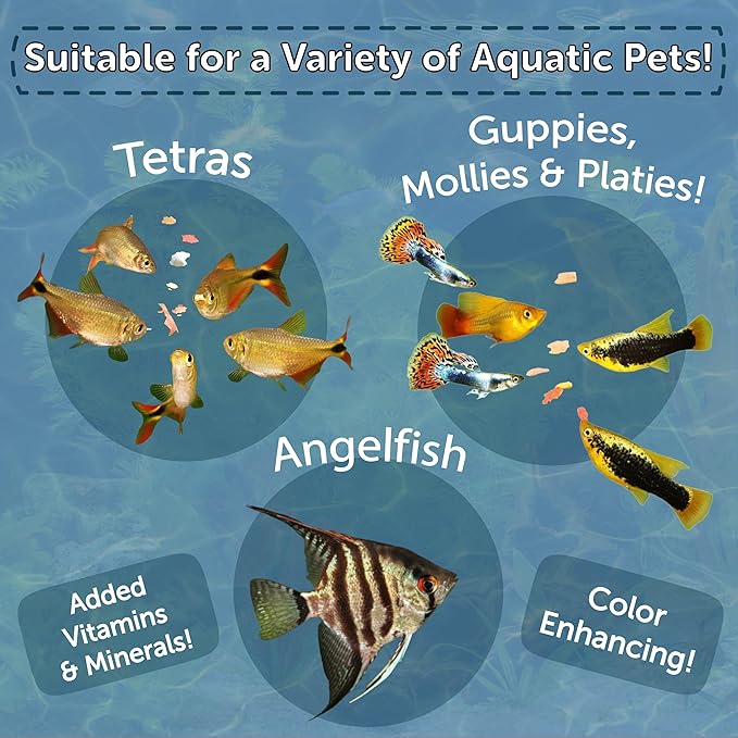 Aquatic Foods Inc. Premium Tropical Fish Flakes, for Angel Fish, Guppies, Live Bearers, Loaches, Gouramis, Cichlids, All Tropical Fish. 12-Type pellets and 4-Type Wafers Included..7.0oz Canister