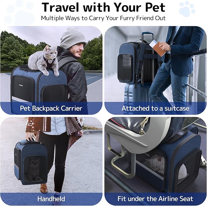 Pawtners Cat Backpack Carrier with Play Tunnel, Expandable Dog Backpack with Breathable Mesh, Pet Carrier Backpack for Small Cats Dogs Up to 18 Lbs, Dog Carrier for Travel Hiking Camping Outdoor Blue