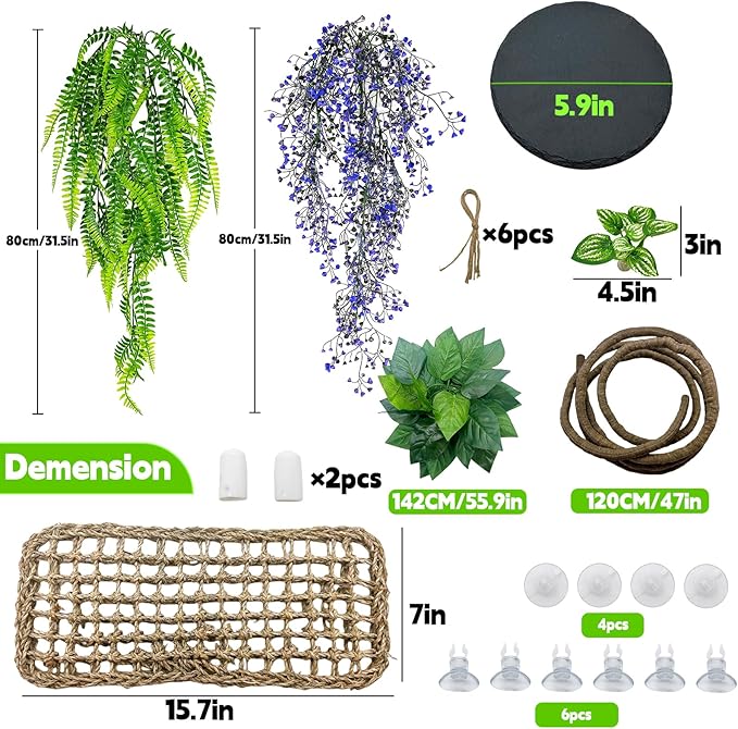 8PCS Bearded Dragon Hammock Reptile Basking Platform Rock Reptile Artificial Plants Leaves & Vines Lizard Habitat Decor Terrarium Tank Accessories for Hiding & Climbing Snake Gecko Bird Chameleon