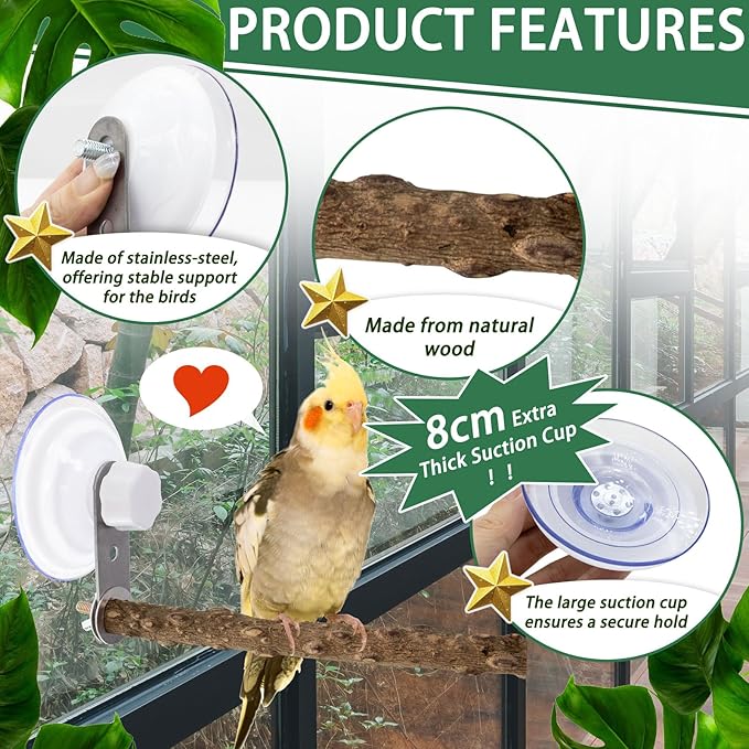 2 Pcs Natural Bird Perch Stand with Suction Cup Window Birds Perch for Window Mirror Car Shower Ceramic Tiles Bath Wood Training Perch, for Bird, Cockatoo, Macaw, Parakeet