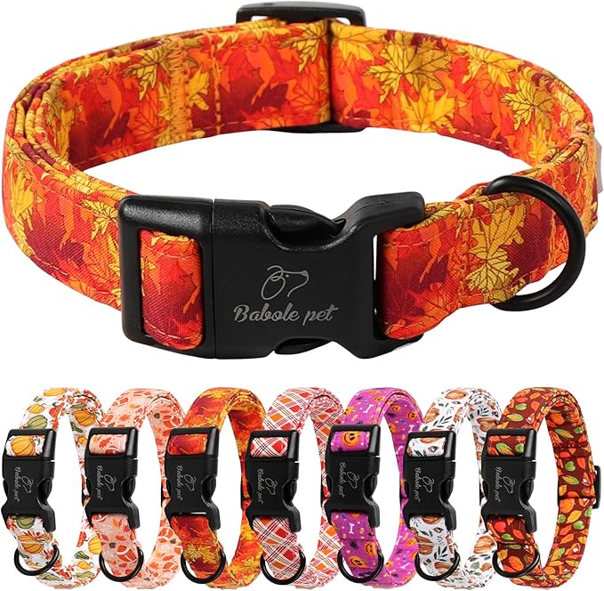 Fall Dog Collar, Gold Maple Leaves Pattern Fall Thansgiving Puppy Collar, Soft Adjustable Cotton Holiday Dog Collars for Small Medium Large Boy&Girl Dogs XL