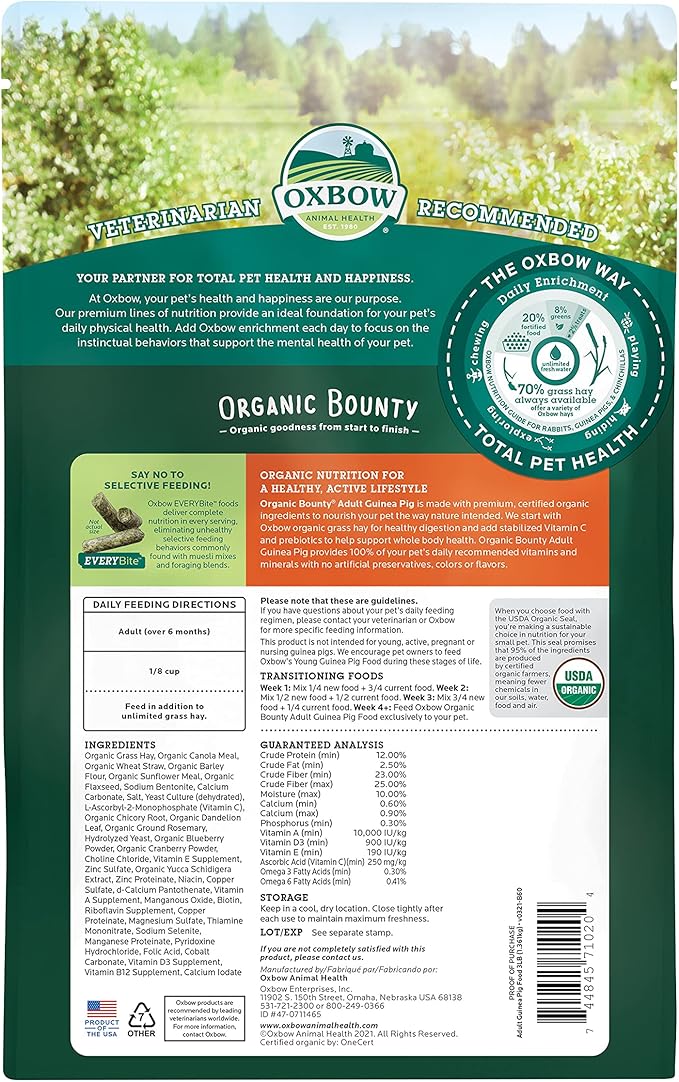 Oxbow Organic Bounty Adult Guinea Pig Food, Organic Guinea Pig Pellets Made with Timothy Hay, Stabilized Vitamin C, Small Animal Pet Products, Small Animal Food Made in USA, High Fiber, 3 lb. bag