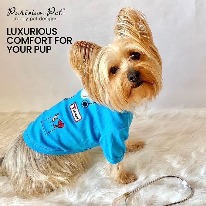 Parisian Pet Doctor Woof Dog Shirt - Embroidered Dog Pirate Costume - 100% Cotton & Polyester Doctor Outfit for Dog - Sleeved Dog Clothes - Blue Funny Dog Shirts for Large Dogs - Pet Costumes - L