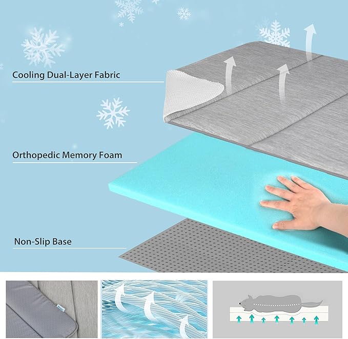 Dog Cooling Mat for Large Dogs - 41x27 Orthopedic Memory Foam Pet Pad for Summer, QMAX>0.5, Washable Premium Comfort Crate Pad for Your Furry Companion, Grey