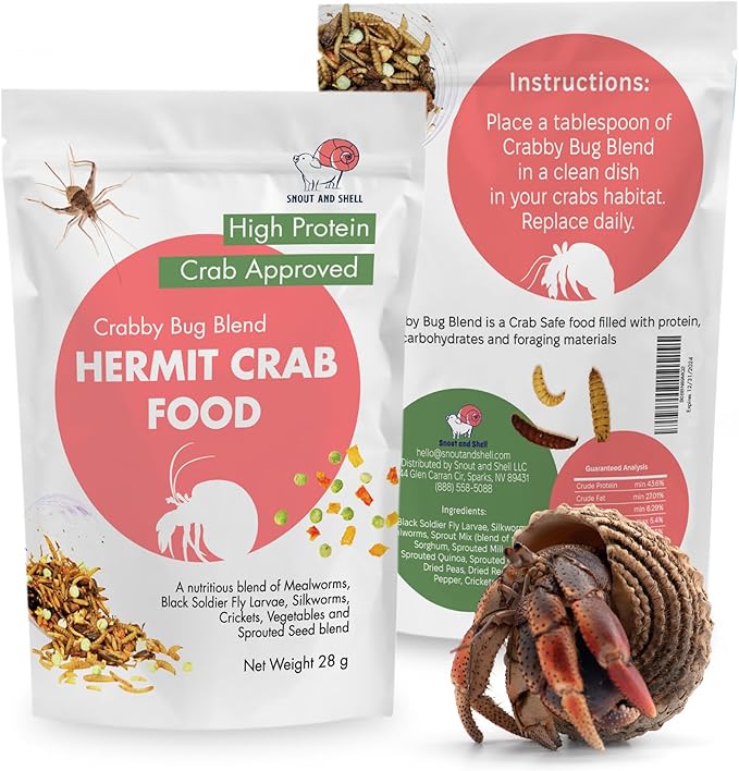 Crabby Bug Blend Natural Hermit Crab Food – Crickets, Mealworms & Sprouted Veggies – 28g – Snout and Shell