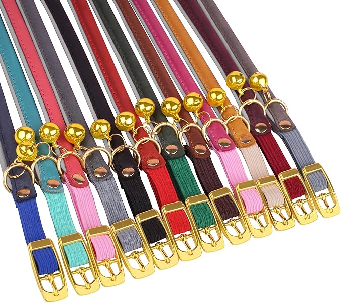 OOPSDOGGY Rolled Leather Cat Collar with Bell - Reflective Kitten Collar with Safety Elastic Strap - Adjustable Small Pet Collars for Boy Girl Cats (Camel)