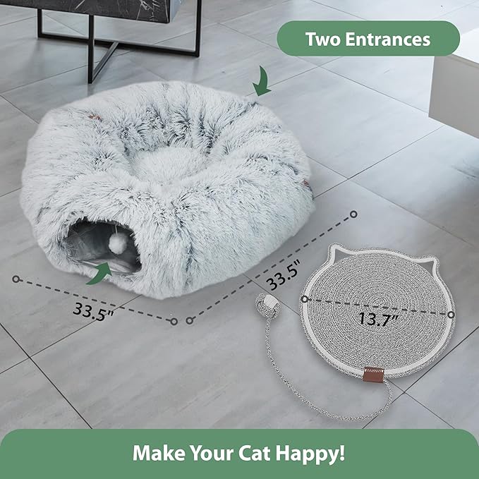 Cat Tunnel Donut Bed & Cat Scratch Pad, Interactive Cat Tunnels for Indoor Cats, Fits Multiple Cats Up to 15 lbs, Cozy and Durable Cat Hideaway Toy for Kittens, Puppies, Rabbits (Grey)