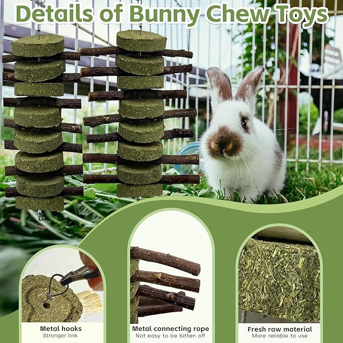 kathson 6 PCS Bunny Chew Toys for Teeth Grinding, Chinchilla Treats Organic Bamboo Sticks Natural Fruitwood Branches for Rabbits Guinea Pigs Hamsters (Fruitwood Sticks+Alfalfa Cakes)