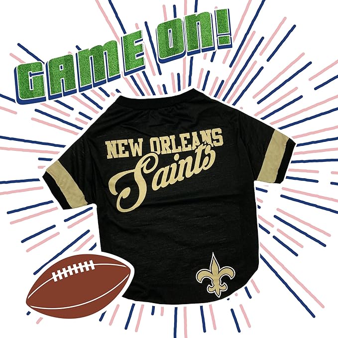 NFL New Orleans Saints T-Shirt for Dogs & Cats, Large. Football Dog Shirt for NFL Team Fans. New & Updated Fashionable Stripe Design, Durable & Cute Sports PET TEE Shirt Outfit