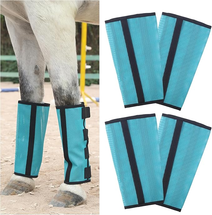 Horse Fly Boots Set of 4 - Non-Slip Leg Guards Extra Tough Mesh Ventilated, Adjustable Horse Fly Leggings Reduce Stomping & Hoof Stress & Leg Fatigue Paleblue Small