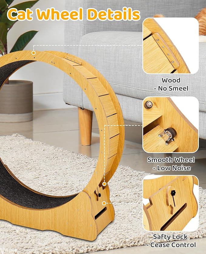 Outvita Cat Exercise Wheel for Quiet Running Indoor Use, 39.4" Cat Treadmill with Detachable Carpet, Cats Exerciser Helps Cats to Lose Weight and Keep Health, Easy to Install (Natural Wood)