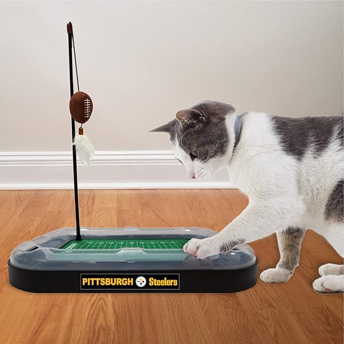 Pets First BEST CAT TOY Pittsburgh Steelers Football Field CAT Scratcher Toy with Catnip Filled Plush Football Toy&Feather Cat Toy Hanging, Jingle Bell Interactive Ball Cat Chasing 5-in-1 Kitty Toy