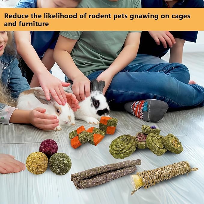 Hamiledyi Rabbit Chew Toys 450g/15.8OZ Natural Timothy Grass Molar Cakes Guinea Pig Apple Sticks Sweet Bamboo Handmade Treat for Bunny Hamster Chinchilla Squirrel