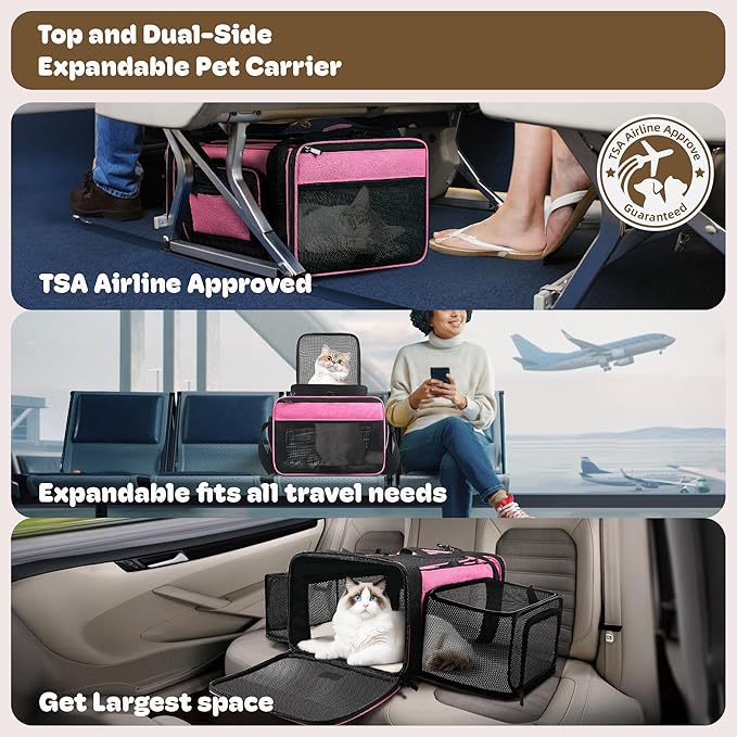 Top and 2 Sides Expandable Cat Carrier 18x13.5x9.5, TSA Airline Approved Dog Carriers for Small Dogs, Soft-Sided Pet Carrier with Self-Locking Zippers for Kitten,Rabbit, Puppy, Guinea Pig Pink