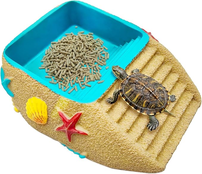 Tortoise Water Bowl,Reptile Water Dish,Resin Bearded Dragon Feeding Bowl with Ramp, Hermit Crab Bathing Pool, Lizard Food Dish Terrarium Decor for Turtle,Gecko,Chameleon,Frog(L)