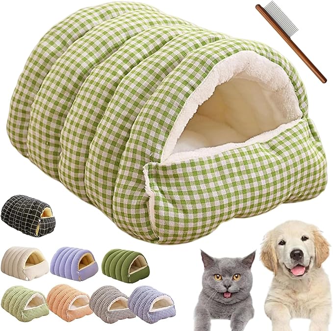 CutyPet Winter Cave,Warmth Cozy Comfort Plush Pet Cave,Cute Cozy Safe Hideaway Cat Bed with Removable Cushion,Warm Soft Removable Washable for Cats and Dogs (Green Plaid, M: 18.89 * 11.81 * 7.87 in)
