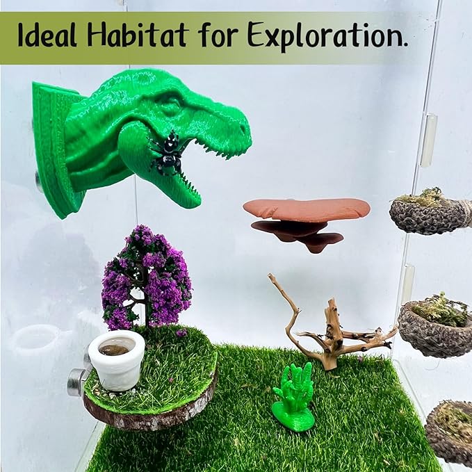 Jumping Spider Hide,3D Printed Dinosaur Head - A Fun Habitat for Jumping Spiders, Small Reptiles, and Small Pets, Suitable for Home Decor with Animal Enclosures (Green)